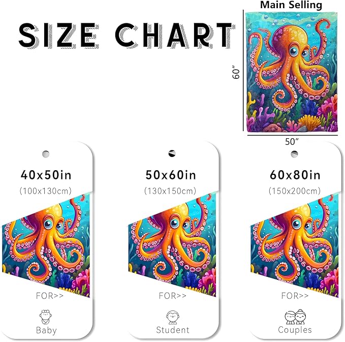 Funny Octopus Blanket, Cozy Flannel Cute Cartoon Octopus with Coral Throw Blanket for Couch Outdoor, Plush Soft Lightweight Travel Blankets for Bed Decor & Gifts, for Women Adults Kids 50"x60"