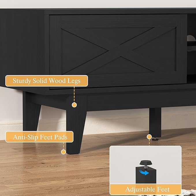 Wooden TV Stand for 55 65 70 inch TV, Long & Large TV Media Console Table with Storage Cabinets, Boho Farmhouse Entertainment Center for Living Room, Bedroom - Black