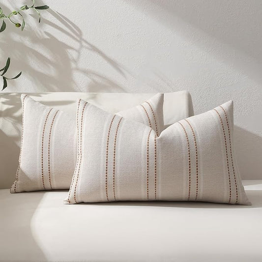 Hckot Fall Throw Pillow Covers 12x20 Set of 2 Striped Pillow Covers Textured Linen Decorative Pillows Square Cushion Covers for Sofa Couch Bed Living Room Farmhouse Decor(Rust)