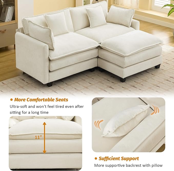 76'' Cloud Deep Seat Loveseat Sofa, Upholstered Chenille Modular 3-Seats Sectional Sofa Couch with Movable Ottoman, Modern Comfy Settee Loveseat for Living Room Set, Small Apartment, Beige