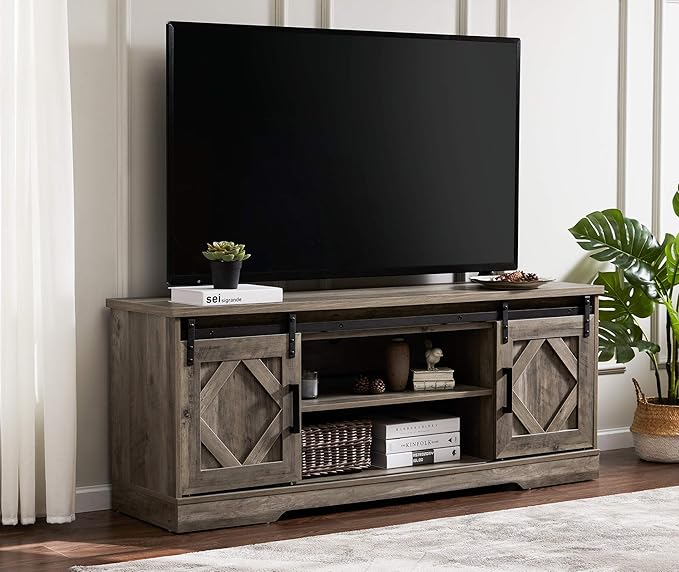 WAMPAT Farmhouse Sliding Barn Door TV Stand for TVs Up to 65 inch, Modern Storage Entertainment Center, Wood Media Console Table Cabinet 3-Level Adjustable Shelf for Living Room, Wash Grey