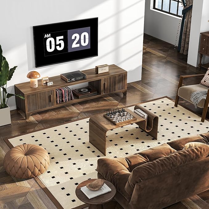 Mid Century Modern TV Stands for 65/70/75 Inch TV, Boho Media Console for Living Room, Fluted TV Entertainment Center with Storage, Wood Television Cabinet for Bedroom
