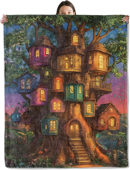 Whimsical House Blanket, Cozy Flannel Enchanted Village in a Giant Tree Throw Blanket for Couch Outdoor, Plush Soft Lightweight Blankets for Bed Decor and Gifts, for Women Kids Adults 50"x60"