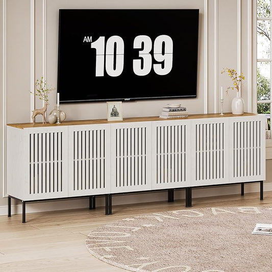 Farmhouse TV Stand for TVs up to 95 inch, 3 in 1 Entertainment Center TV Console with Storage Cabinets and Metal Base,Media Console for Living Room, Antique White
