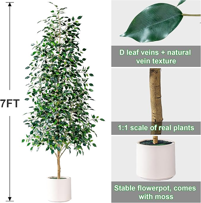 7FT Artificial Ficus Trees Indoor Faux Trees Indoor Fake Floor Plants Tall Artificial Tree with White Pot Faux Tree Fake Indoor Tree Silk Plants Artificial Trees for Home Decor Indoor