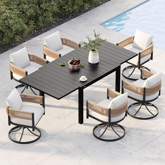 Grand patio 7-Piece Outdoor Dining Set for 6 with 1 Rectangle Expandable Table for 4-6 Person, Metal Woven Wicker Swivel Patio Chairs with Thickened Cushions for Yard, Poolside, Deck (Natural)