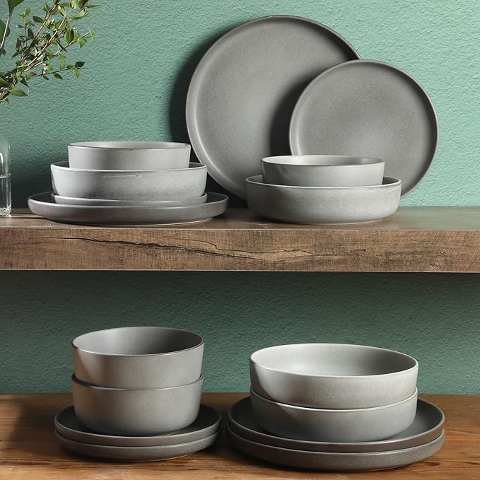 Gibson Elite Pasco 16 Piece (Service for 4) Plates and Bowls Double Bowl Reactive Glaze Dishes Stoneware Ceramic Dinnerware Set - Grey