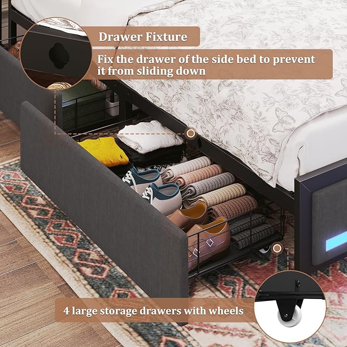 Queen Bed Frame with Storage Headboard, Queen Bed Frame with LED Lights and Charging Station, Padded headboard, No Noise, No Box Spring Needed, Easy Assembly