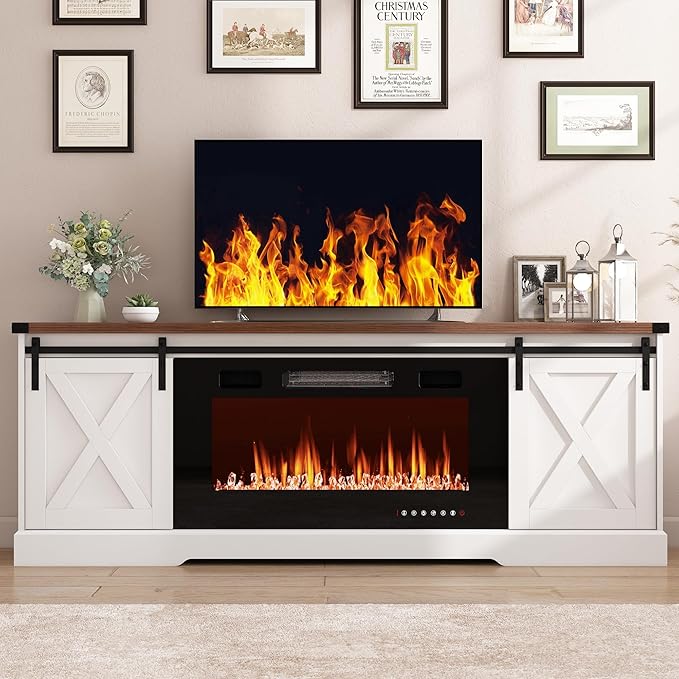 Farmhouse Fireplace TV Stand for 70/75/80 Inch TV, 70 inch Entertainment Center Storage Cabinets with 36”Electric Fireplace and Sliding Barn Doors, Media Console Cabinet for Living Room, White