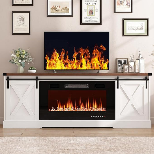 Farmhouse Fireplace TV Stand for 70/75/80 Inch TV, 70 inch Entertainment Center Storage Cabinets with 36”Electric Fireplace and Sliding Barn Doors, Media Console Cabinet for Living Room, White