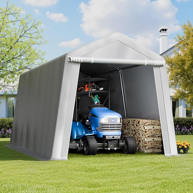 VEVOR Outdoor Storage Shed, 8 x 14 ft Portable Storage Tent with Roll-up Door & Vents, Waterproof Canopy Shed Shelter, Heavy Duty Frame, Patio Garage Carport for Motorcycle, Lawn Mower, Bike, Grey