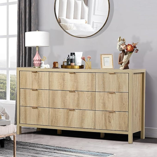 Fluted 9 Drawer TV Stand Dresser for Bedroom, Mid Century Modern Dresser with Drawers, Storage Organizer with 9 Drawers, Fluted Cabinet for Closet Cloth, Living Room, Entryway -Natural