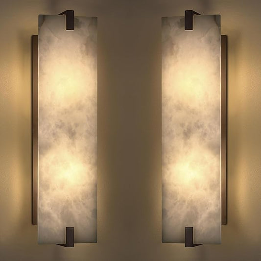 2 Pack 2 Light 20.7" Natural Square Alabaster Marble Bathroom Wall Sconce Modern Concise Style Wall Light Fixture,Oil Rubbed Bronze Finish for Bedroom Hallway Bedside