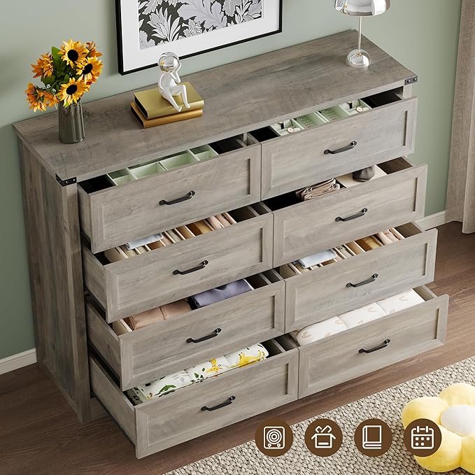 8-Drawer Dresser for Bedroom, Modern Wooden Chest of Drawers with Metal Handles, Anti-Tipping Design, Sturdy and Stable Storage Organizer for Living Room, Entryway, Home Office