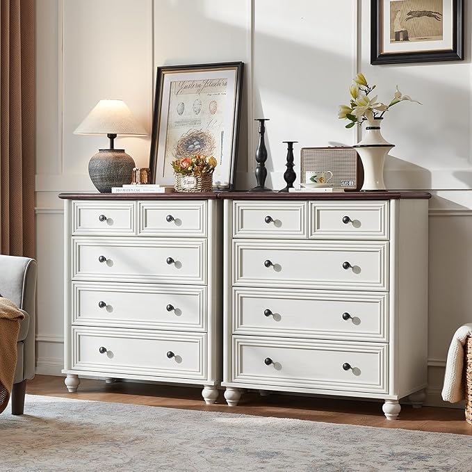 Farmhouse 5 Drawer Dresser for Bedroom Set of 2, 35.5" Tall Small Dressers & Chest of Drawers, Rustic Wood Dresser with Roman Column, Storage Organizer for Living Room, Hallway, Closet (White)