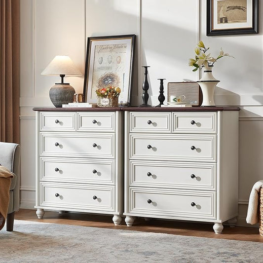 Farmhouse 5 Drawer Dresser for Bedroom Set of 2, 35.5" Tall Small Dressers & Chest of Drawers, Rustic Wood Dresser with Roman Column, Storage Organizer for Living Room, Hallway, Closet (White)