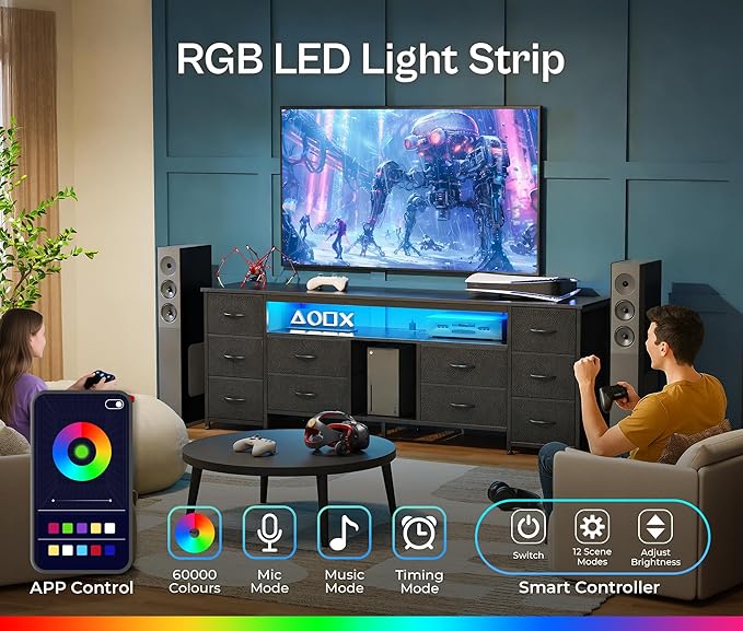 Huuger 62 Inch LED TV Stand Dresser with Power Outlets, USB-C Port and LED Lights, 10 Fabric Drawer Dresser for Bedroom, Long Entertainment Center for 65, 70 Inch TV, Open Shelves, PU Leather, Black