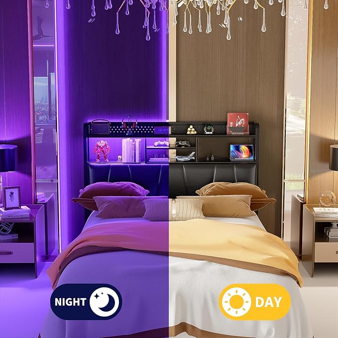 Unikito Headboard for Full Size Bed Frame, Upholstered Head Board with Outlets, USB Ports and LED Light, Comfortable Leather Headboards with Storage Shelf, Sturdy Full Bed Headboard Only, Black