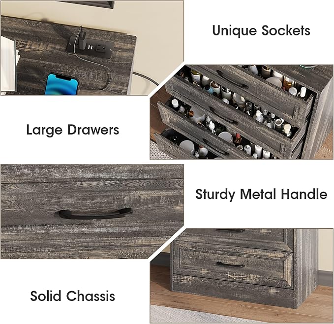 Fameill Dresser for Bedroom, 4 Drawer Small Dresser Organizer with Charging Station for Livingroom, Chest of Drawers with Metal Handles, Dark Brown