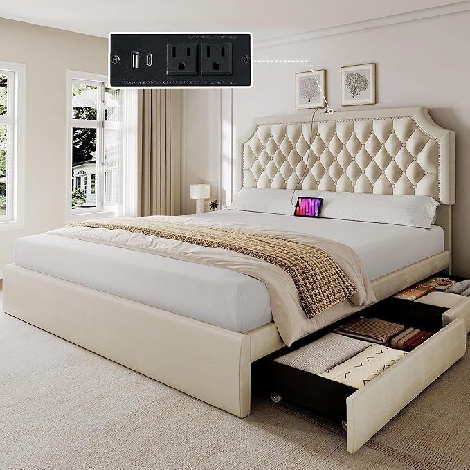 YITAHOME Full Size Bed Frame with Adjustable Headboard, 4 Storage Drawers and Charging Station, Velvet Upholstered Bed Frame with Button Tufted, No Box Spring Needed, Fast Assembly, Noise-Free, Beige