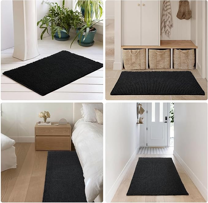 Black Long Bathroom Rug, Waffle Runner Rug Bathroom Non Slip Washable Super Absorbent Quick Dry Boho Farmhouse Bath Decor, 72"x24" Black