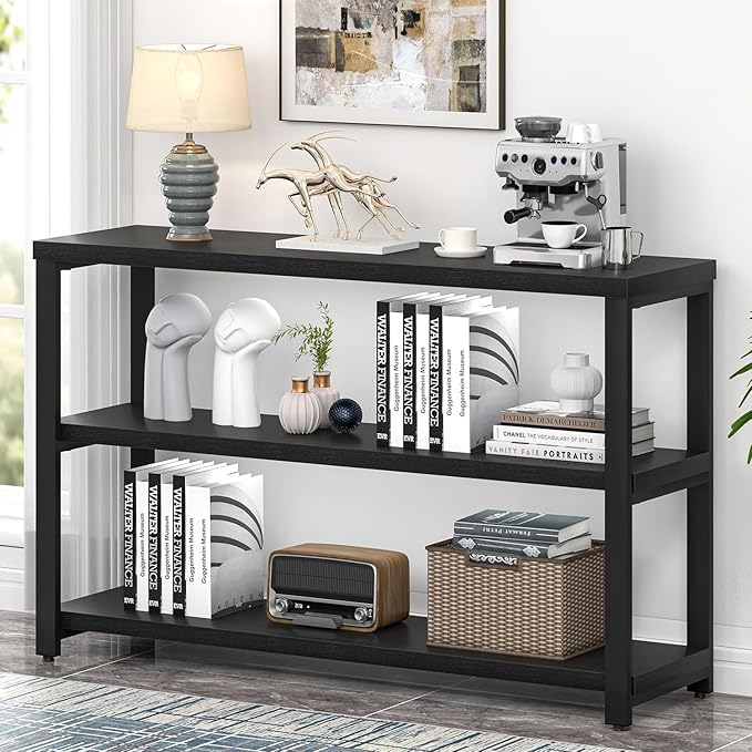 EXCEFUR Industrial Entryway Table, 3 Tier Console Table for Living Room, Wood Sofa Table for Hallway Behind Couch (47 Inch, Modern Black)