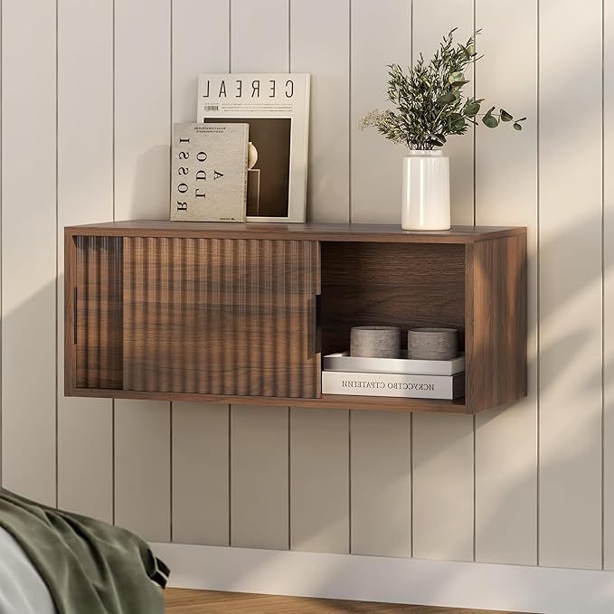 Fluted Floating TV Stand, 30" Multi-Purpose Modern TV Display Shelf Console Entertainment Center Cabinet with Sliding Doors for Bedroom Living Room Entryway, Brown