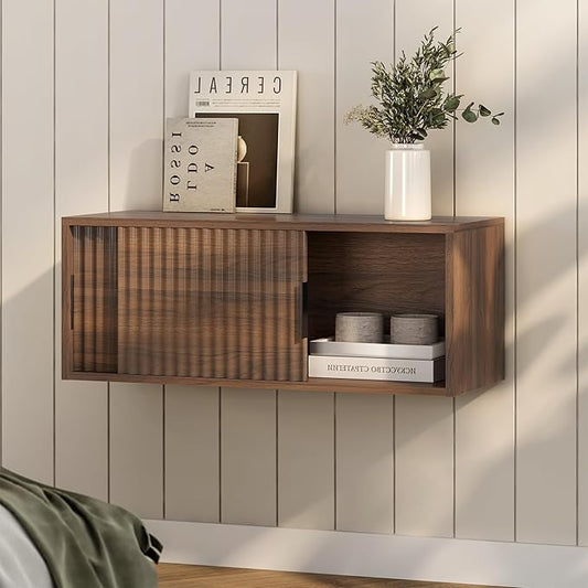 Fluted Floating TV Stand, 30" Multi-Purpose Modern TV Display Shelf Console Entertainment Center Cabinet with Sliding Doors for Bedroom Living Room Entryway, Brown
