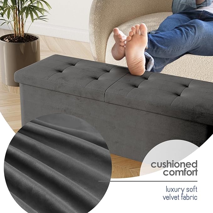 STORAGEBUD Storage Ottoman Bench with Bins, 43-in Storage Bench for Bedroom End of Bed, Folding Foot Rest Ottoman for Living Room Max 660lbs, Velvet Ottomans, Grey