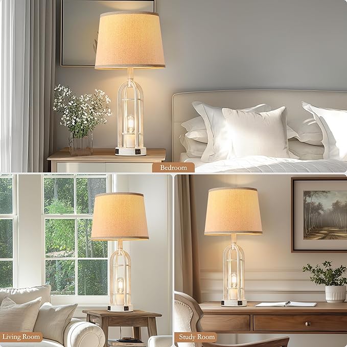 Farmhouse Table Lamps for Living Room Set of 2 - Rustic Industrial Bedside Lamps for Bedroom Nightstand with Nightlight and USB A+C, 4 Bulbs Included