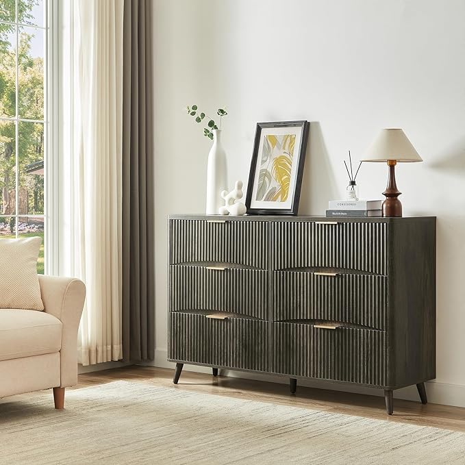 55" Wide Fluted 6 Drawer Dresser, Mid Century Modern Curved Dresser, Light Wood Chest of Drawers for Bedroom, Living Room and Entryway, Dark Grey