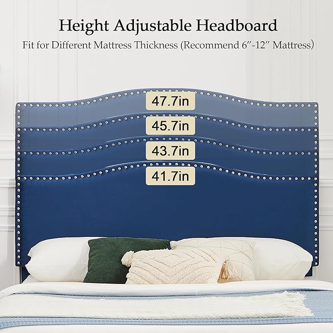 VECELO Queen Bed Frame, Platform Bed Frame with Adjustable Height Upholstered Headboard, Heavy-Duty Frame and Strong Wooden Slats Support, Non-Slip and Noise-Free, Easy Assembly, Dark Blue