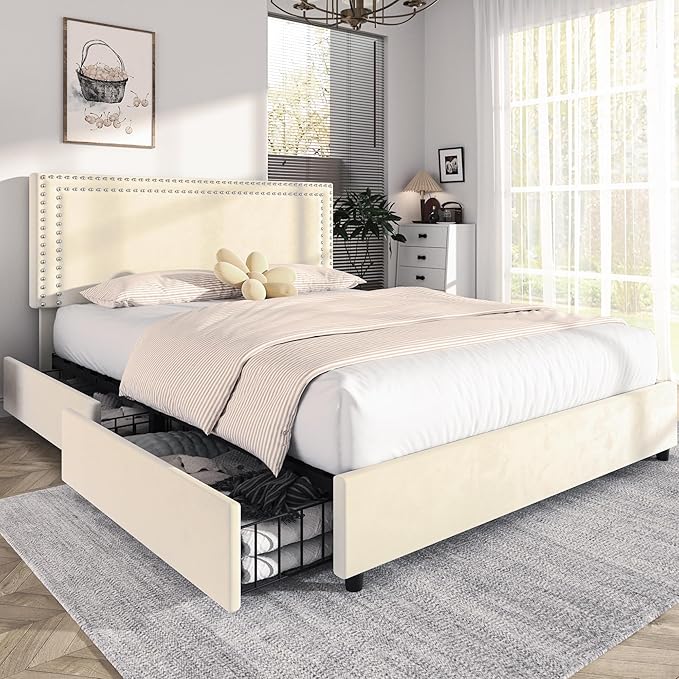 VECELO Queen Size Upholstered Platform Bed Frame with 4 Storage Drawers, Adjustable Velvet Rivet Decor Headboard, Wooden Slats Support, No Box Spring Needed, Easy Assembly