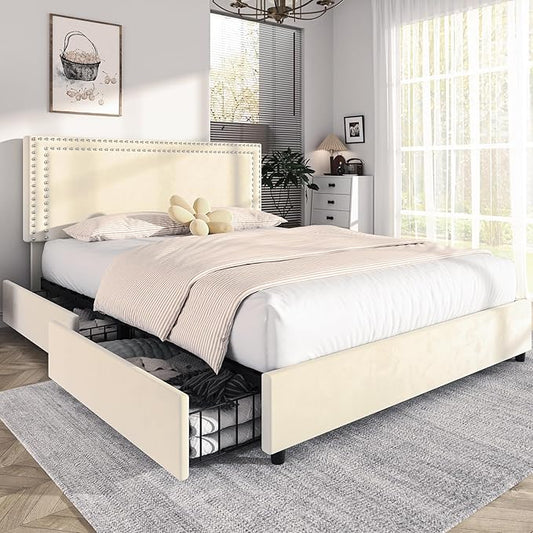 VECELO Queen Size Upholstered Platform Bed Frame with 4 Storage Drawers, Adjustable Velvet Rivet Decor Headboard, Wooden Slats Support, No Box Spring Needed, Easy Assembly