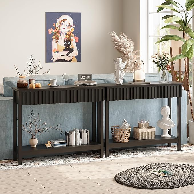 Fluted Console Table with 2 Drawers Narrow Sofa Table with Open Storage Shelf Modern Behind Couch Tables Long Entryway Table for Foyer Hallway