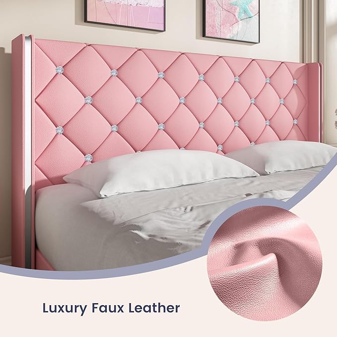 King Bed Frame and Headboard, Faux Leather Upholstered Bed with Wingback Design, Pink Bed Frame with Diamond, No Box Spring Needed, Easy Assembly