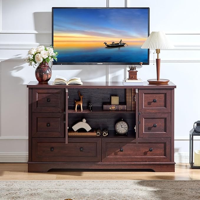 LIDYUK 6 Drawer Cherry Wood Dresser for Bedroom Farmhouse Dresser Chest of Drawers, 55" Wide Clothes Organizer with Storage Cabinet Wood Chest of Drawers for Bedroom, Living Room