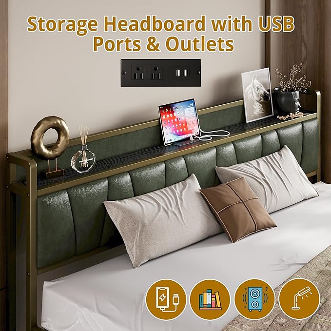 LIKIMIO King Bed Frame, Storage Headboard with Charging Station, Solid and Stable, Noise Free, No Box Spring Needed, Easy Assembly (Dark Green)