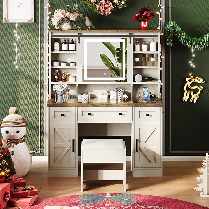 Farmhouse Makeup Vanity Desk with Sliding Mirror and Lights, 47'' Glass Tabletop Vanity Table with Charging Station, Large Vanity Set with Drawers, Stool, Barn Door Dressing Cabinets, White