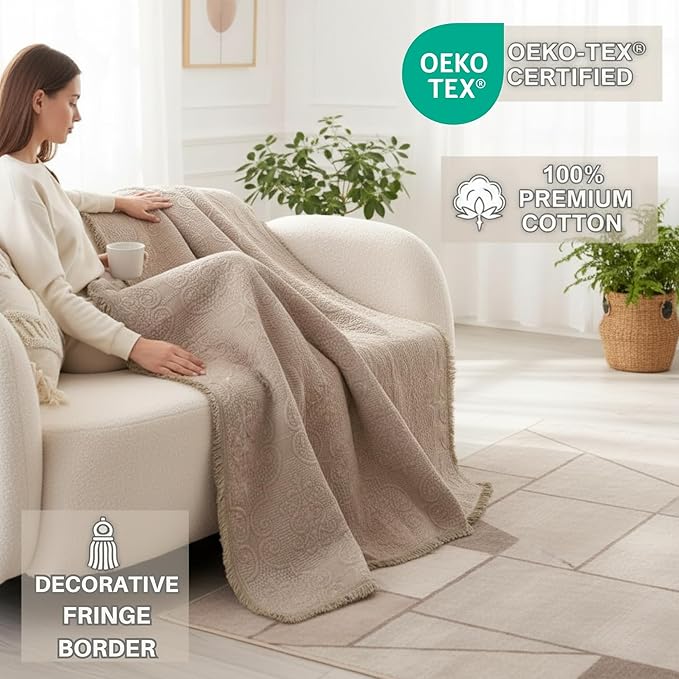 DaDa Bedding Elegant Fringed Cotton Quilted Throw Blanket - Luxurious Solid Soft Paisley Pattern, Cozy Lightweight Lap Throw, Perfect for Couch or Bed, Neutral Sandy Taupe Tan Beige, 50x60 Inches