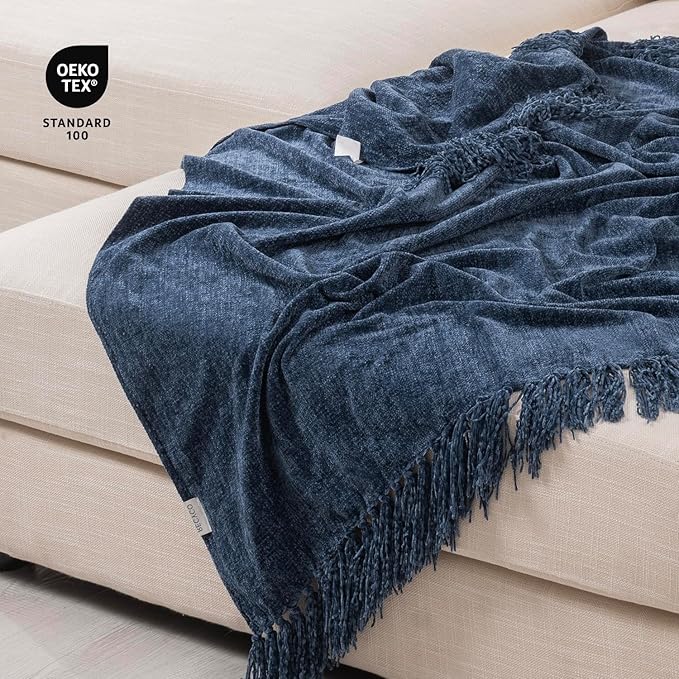 RECYCO Throw Blanket Soft Cozy Chenille Throw Blanket with Fringe Tassel for Couch Sofa Chair Bed Living Room Gift (Blue, 50'' x 60'')