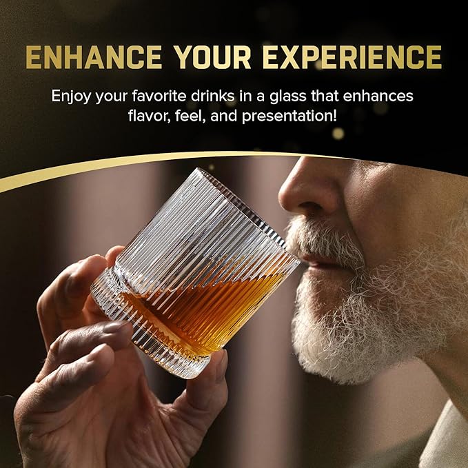 Ribbed Whiskey Glasses Set of 2, 12 Oz Lead-Free Crystal Heavy Base Barware Glass, Perfect for Bourbon Rocks Cocktail Scotch Drinking
