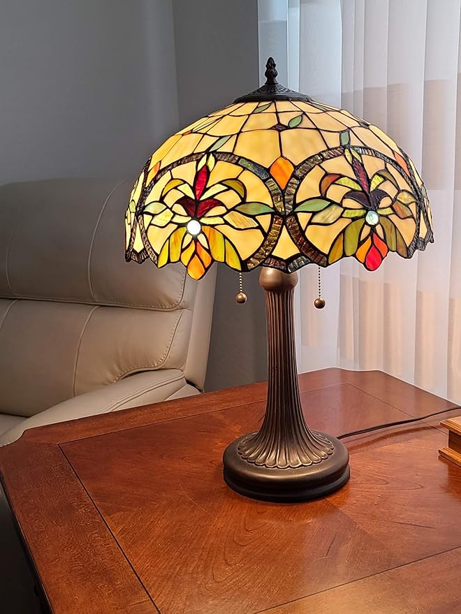 Tiffany Style Table Lamp Banker 23" Tall Stained Glass Green Tan Orange Yellow Floral Flower Vintage Antique Light Décor Living Room Bedroom Handmade Gift AM313TL16B Amora Lighting