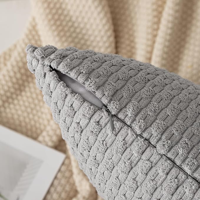 Kevin Textile Decor Solid Decorative Pillow Case Striped Jacquard Cushion Cover for Lumbar Light Grey 12x20 Inch (30x50cm) 2 Pieces