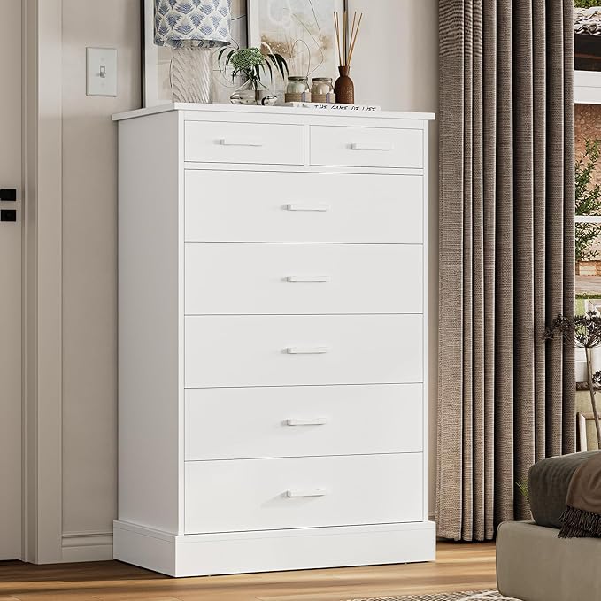 Hasuit White Dresser for Bedroom, Tall 7 Drawer Dresser with Sturdy Base, Wood Storage Tower Clothes Organizer, Large Storage Cabinet, Chest of 7 Drawers for Closet, Living Room, Hallway