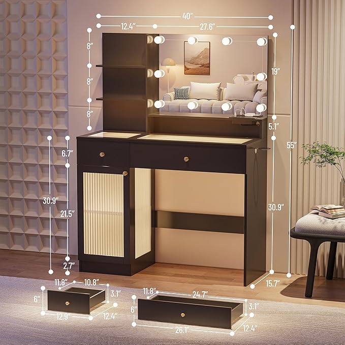 40" Vanity Desk with Large Mirror and Lights, Modern Glass Top Makeup Vanity Set with Power Outlet, Drawers and Cabinet, 3 Lighting Color Adjustable Dressing Table for Bedroom, Black