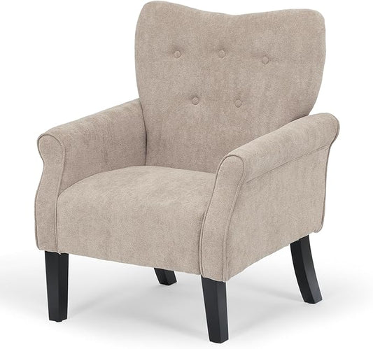 Athena Collection Mid Century Accent Chair, Upholstered Modern Comfy Armchair Single Sofa, Elegant Vanity Chair Reading Chair with High Back and Solid Wood Legs for Bedroom Living Room Office, Beige