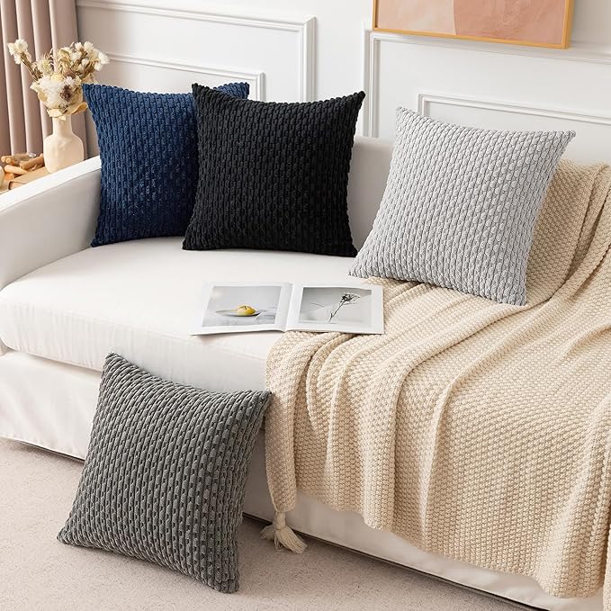 Kevin Textile Pillow Covers Decorative Set of 2 Striped Corduroy Plush Velvet Pillowcases Cushion Cover for Couch 18x18 Inch Navy Blue