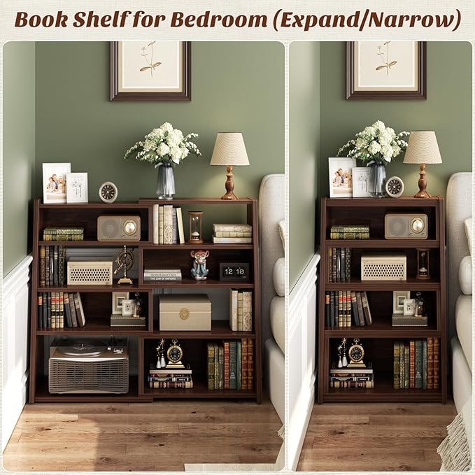 Armocity Book Shelf - Small Expandable Ladder Shelf, Short Corner Bookshelf for Small Spaces, 5 Tier Wood Narrow Bookcase, for Living Room, Bedroom, Entryway, Black Walnut
