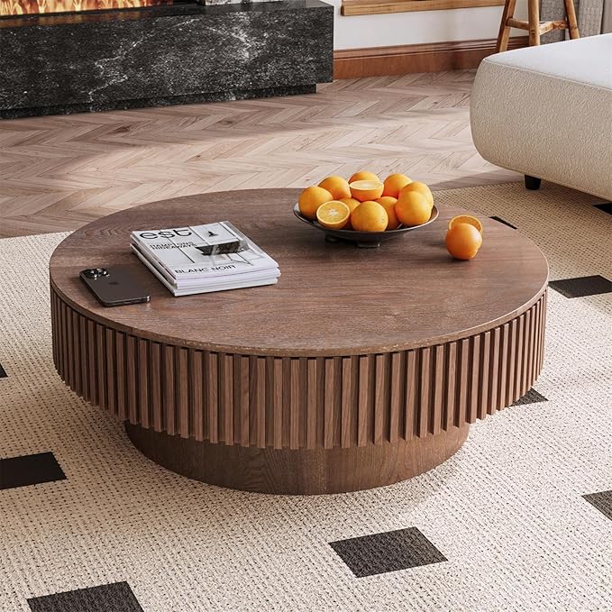 Round Coffee Table for Living Room, Accent Fluted Drum Coffee Table with Storage, Modern Solid Wood Veneered Circle Center Tea Table for Small Space Apartment (39.4''D×14''H-Walnut)